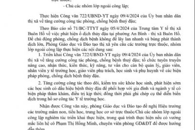 Toàn thể CBGVNV, phụ huynh, học sinh nhà trường nghiêm túc thực hiện Công văn số 98 ngày 15/4/2024 của phòng GD&ĐT TX Buôn Hồ về tăng cường phòng chống bệnh Thủy đậu???